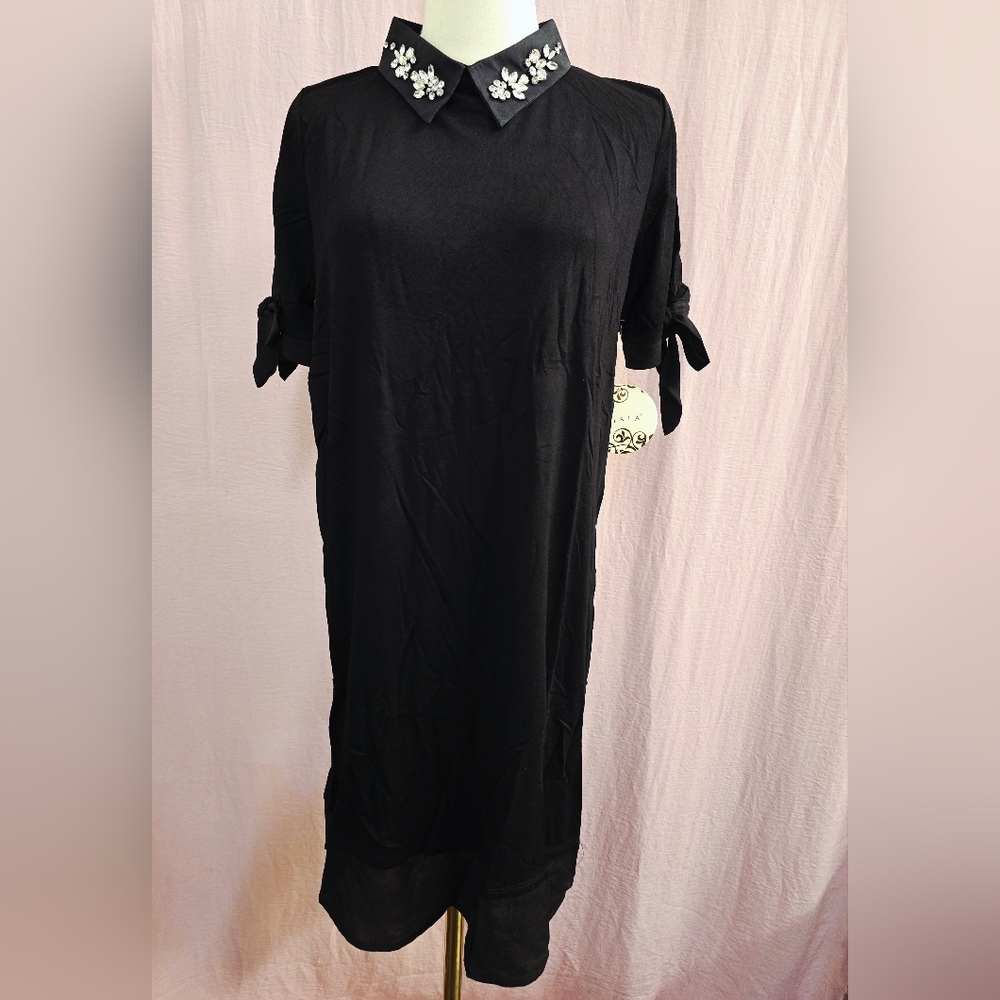 MISIA Womens Embellished Collar Tie Sleeve Twofer Shirt Dress, BLACK NWT
